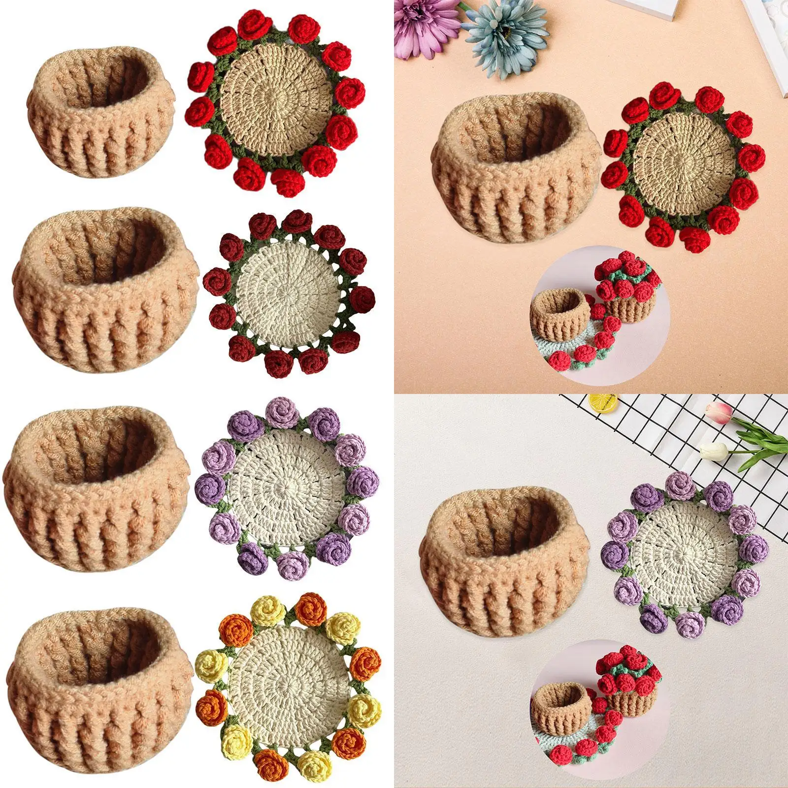 Crochet Kit for Beginners Coaster Flower Pot with Yarn Gift Coaster Crochet Starter Kit for Office Table Women Beginners Mom