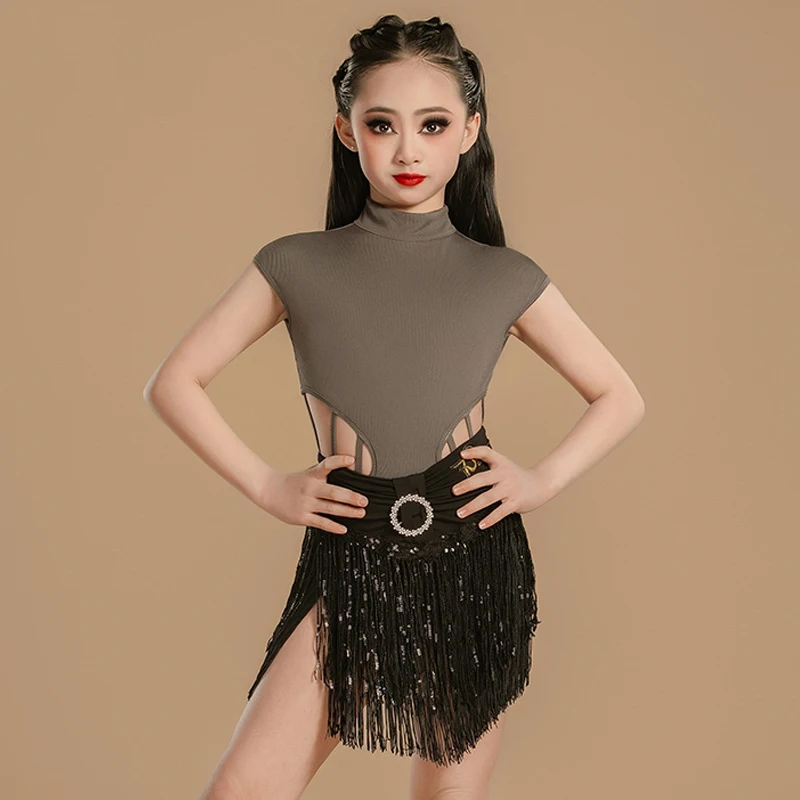 

New Girls Latin Dance Costume Summer Practice Performance Clothes Sleeveless Tops Sequin Fringe Skirt Cha Cha Rumba Samba L14909