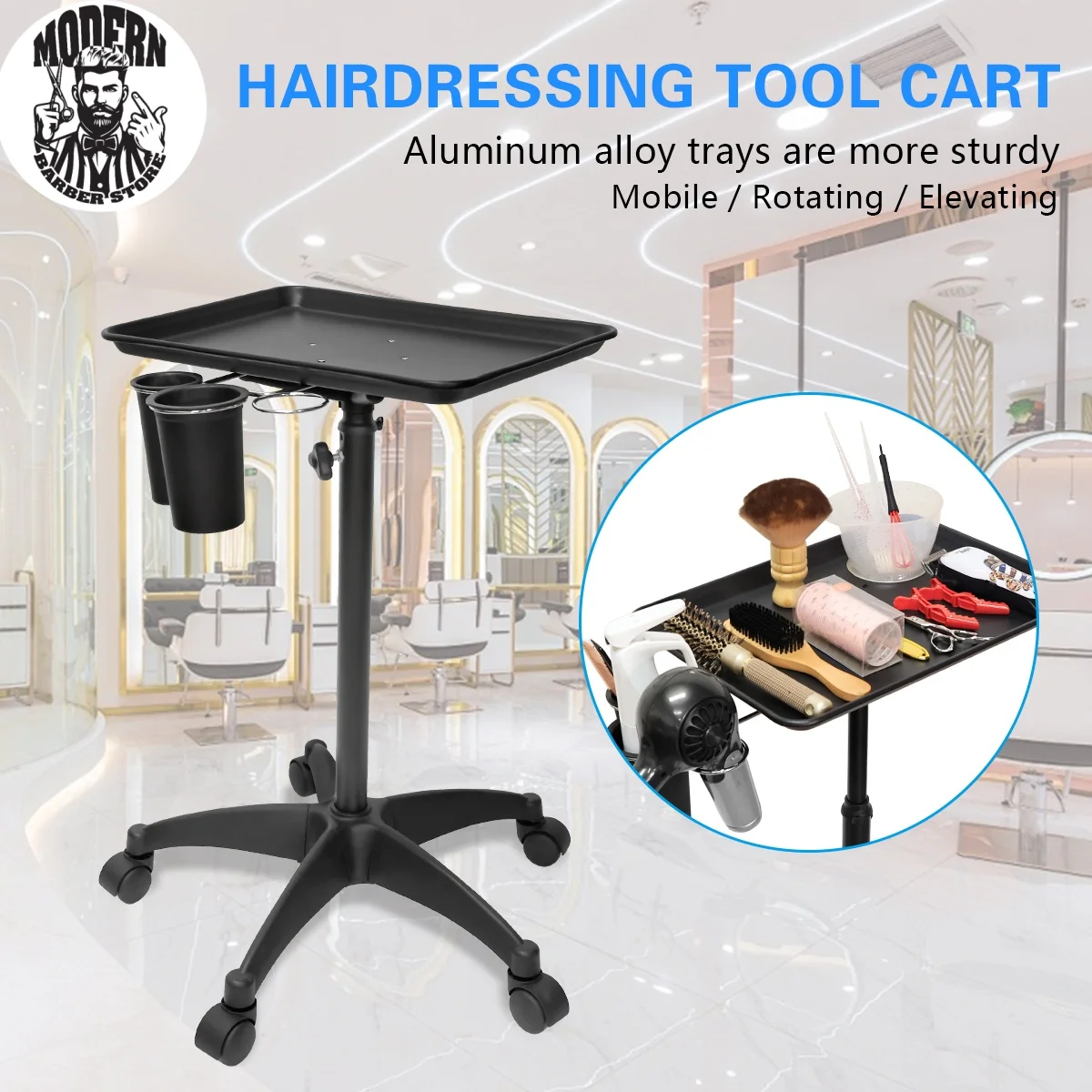 

Barbershop Salon Tray Adjustable Height Stainless Steel Trolley Rolling Cart Stand Medical Clinic Cart Multifunctional Storage