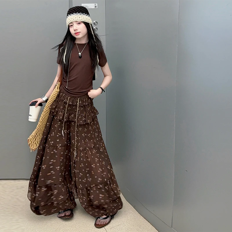 Children's Trousers Summer Bohemian Floral Layer Wide Leg Pants for junior Girls Elastic Waist Lantern Culottes Kids Beach Pants
