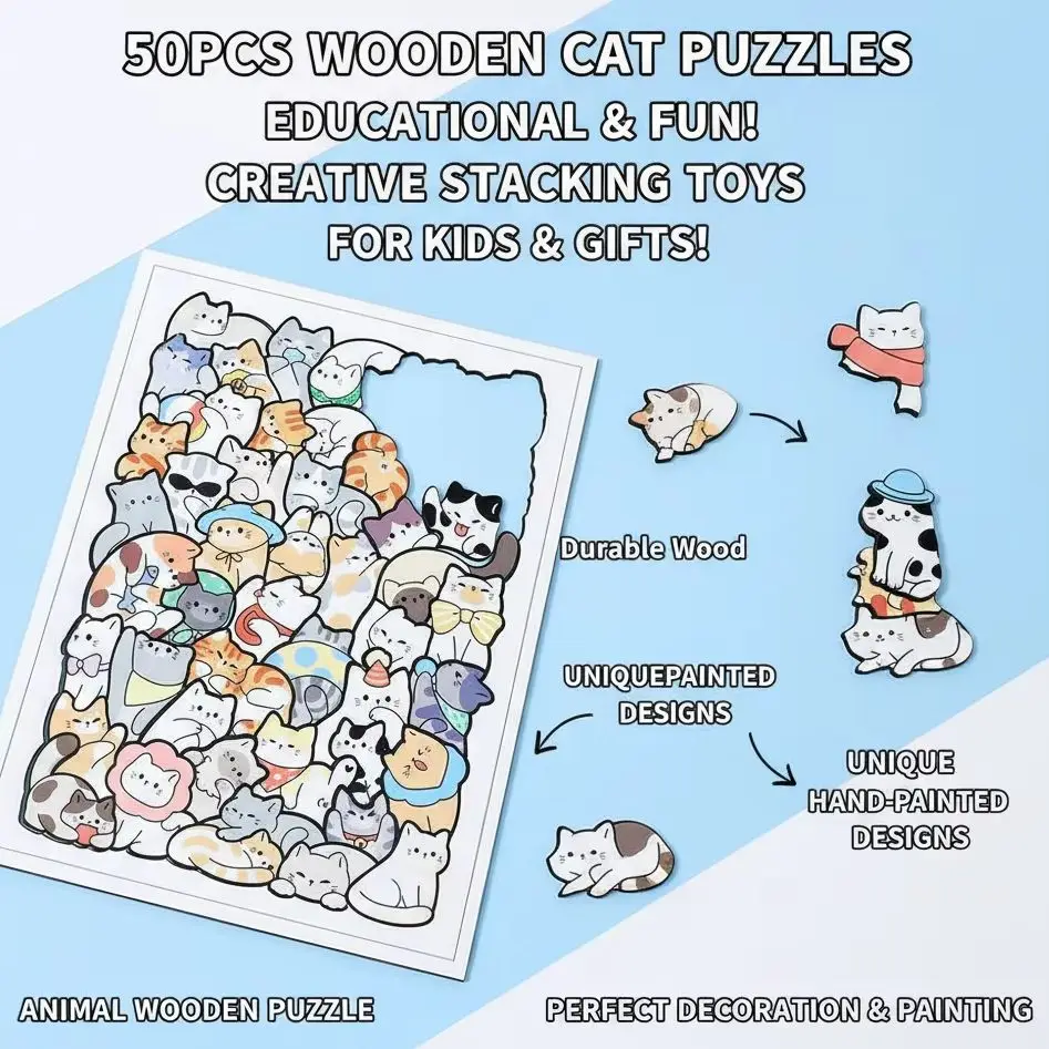 

50PCS Wooden Animal Puzzle Stacking Toys Wooden Puzzle for Kids And Adults Educational Puzzle Gifts Decoration Painting