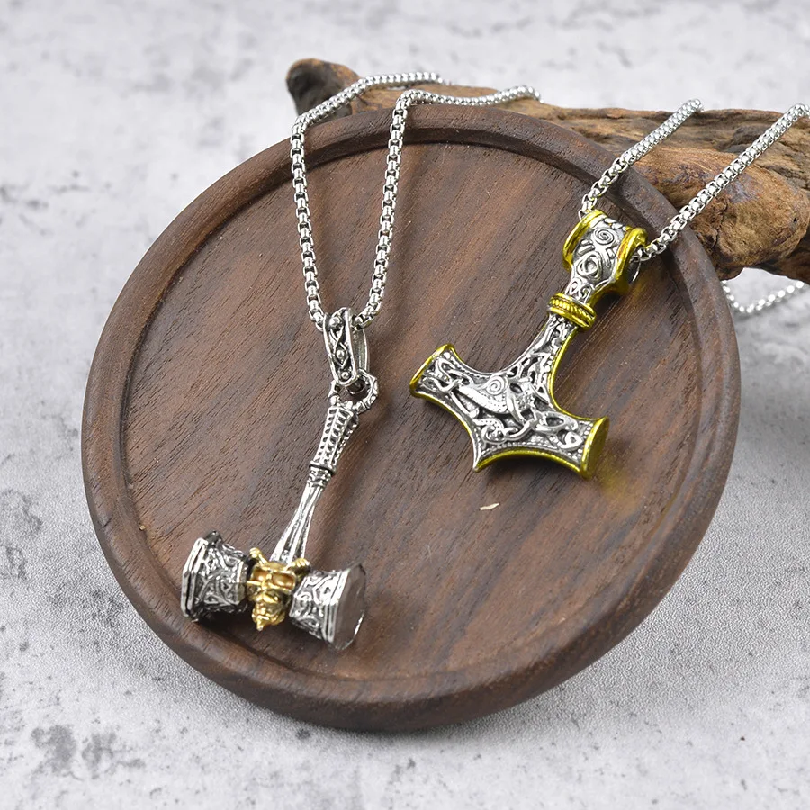 Fashion trendy cool new Nordic style Thor hammer necklace personalized hip hop versatile long pendant jewelry