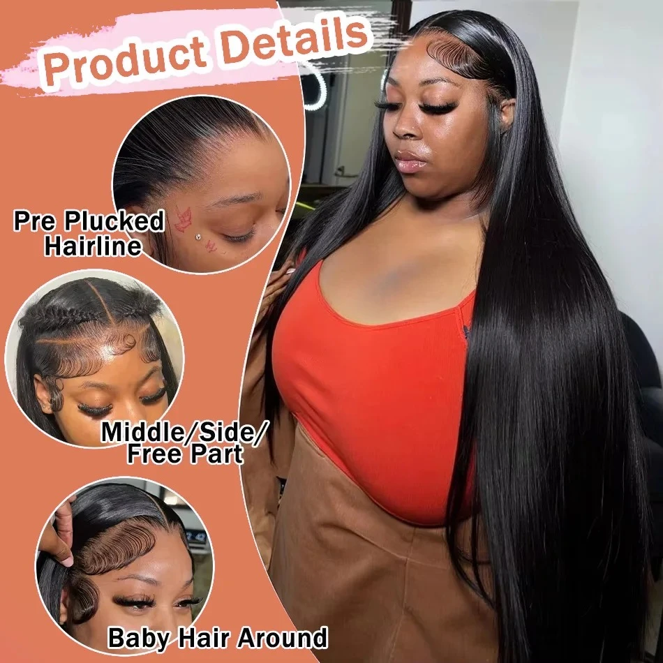 Pelucas frontales de encaje recto de 250% 40 pulgadas, cabello humano 13x6 HD, peluca Frontal de encaje 13X4, peluca de cabello humano liso de hueso prearrancado para mujeres