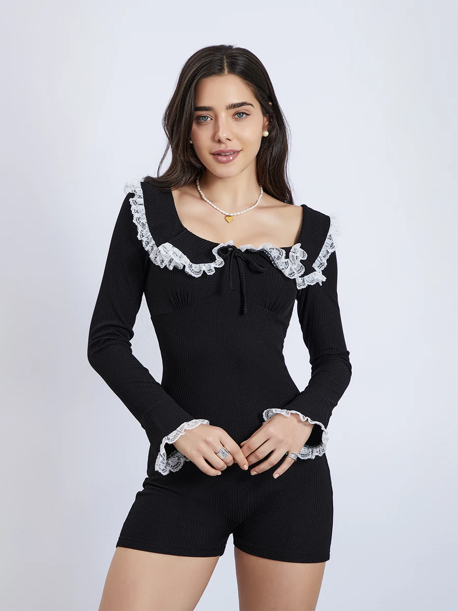 المرأة الصيف رومبير عادية الدانتيل المرقعة خارج الكتف قصيرة الأكمام بذلة Playsuit ارتداءها كلوبوير الشارع نمط