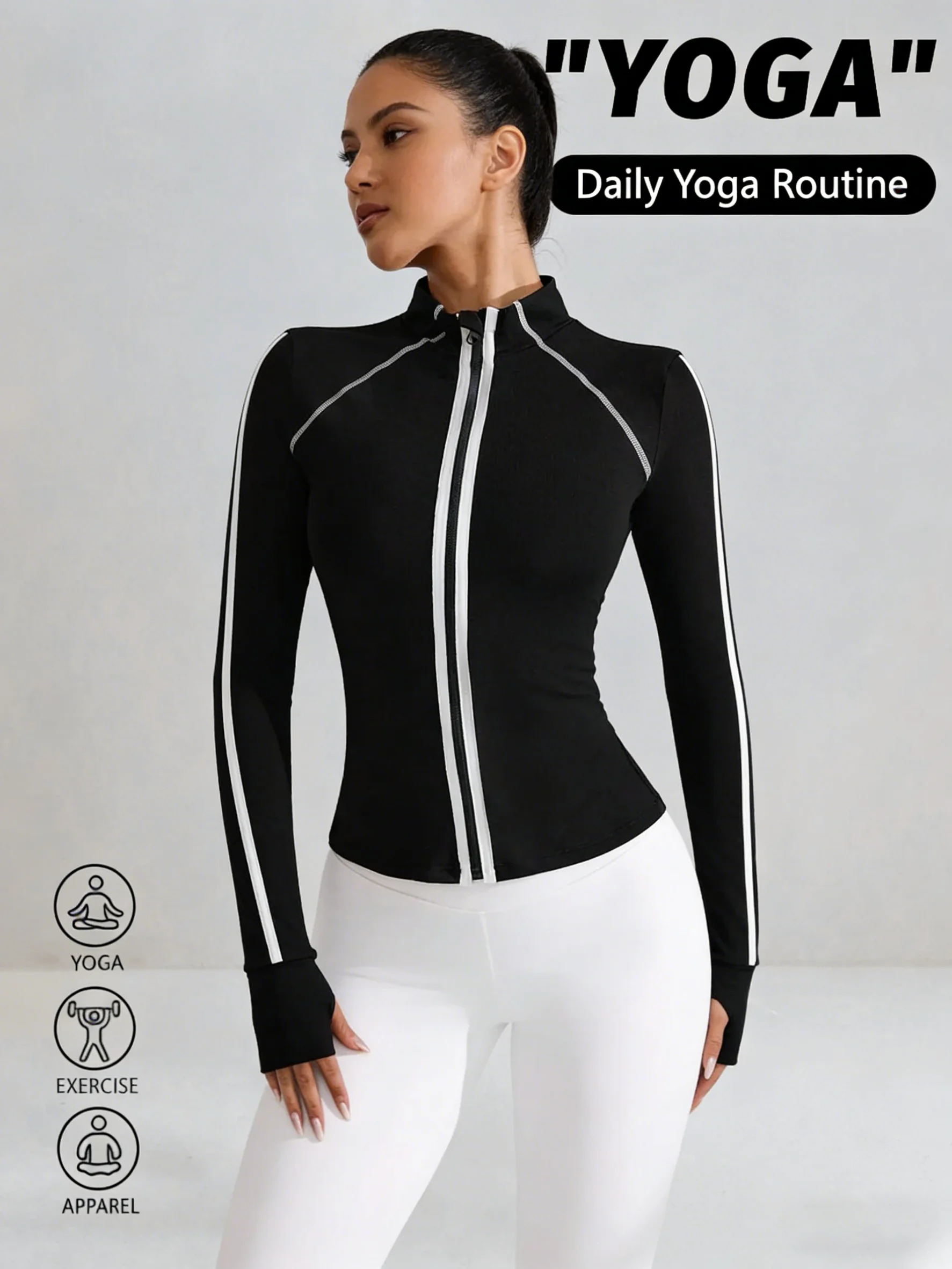 New Black Women's Zipper Stand Up Collar Long Sleeve Yoga Jacket Breathable Slim Fit Quick Dry Top Sports Running Cycling Wear