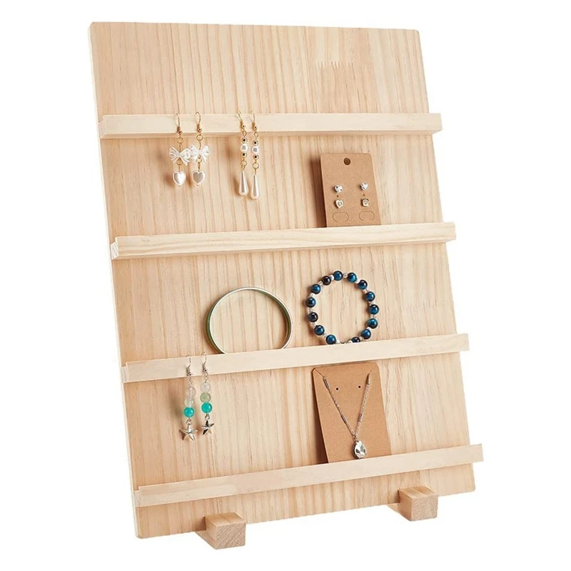 4-Tier Wooden Earring Display Stand,With Slots Rustic Earring Display Card Holder For Showing Exhibition Jewelry Storage