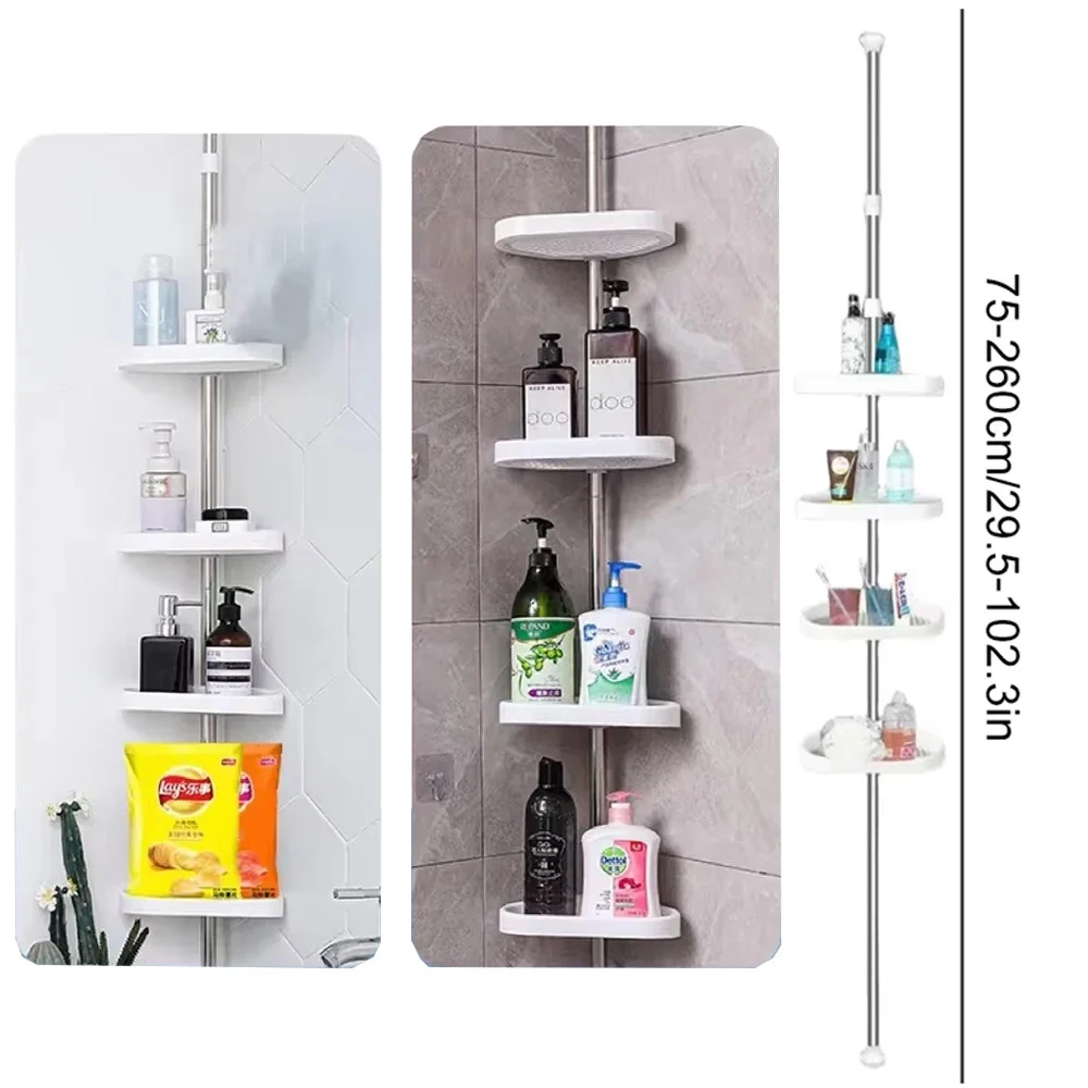 Multipurpose 4 Tier Bathroom Corner Shower Tension Pole Telescopic Rod Storage Rack Shower Organizer Stainless Steel Shelf