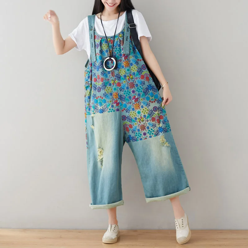 Spring And Summer Large Size Jumpsuits Women Jeans Overalls With Holes Printed Wide Leg Casual Jeans Pants Trousers