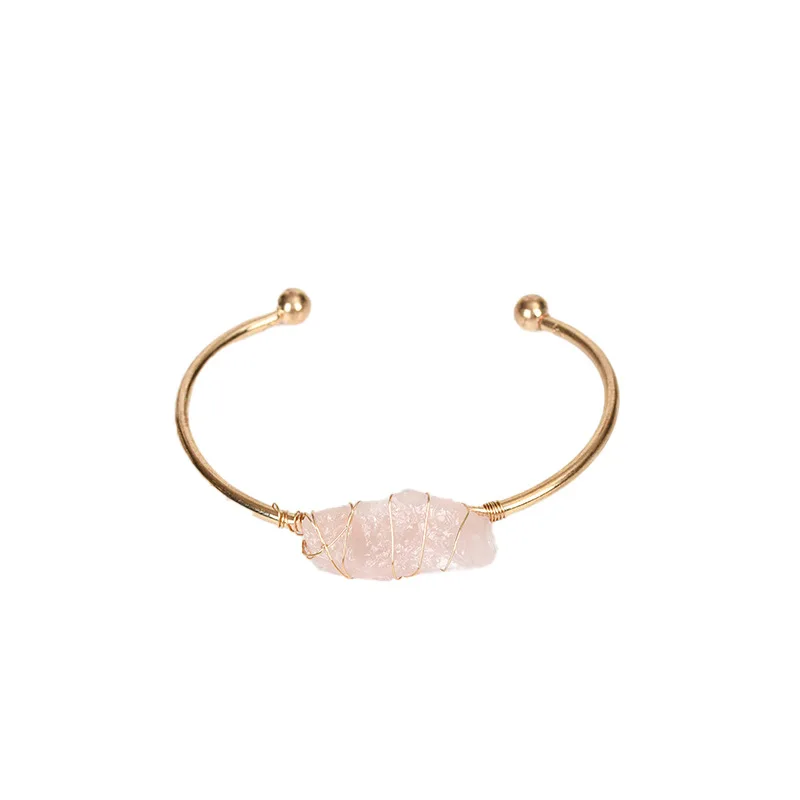 Irregular Natural Stone Cuff Bracelet Women Gold Color Wire Wrap Irregular Raw Crystal Quartz Bangles Fashion Stone Jewelry Gift