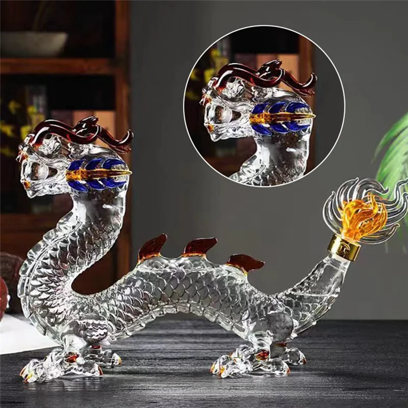 

【Recommend】Handmade Oriental Dragon Glass Wine Bottle, Whisky Decanter Art Statue For Table Decor