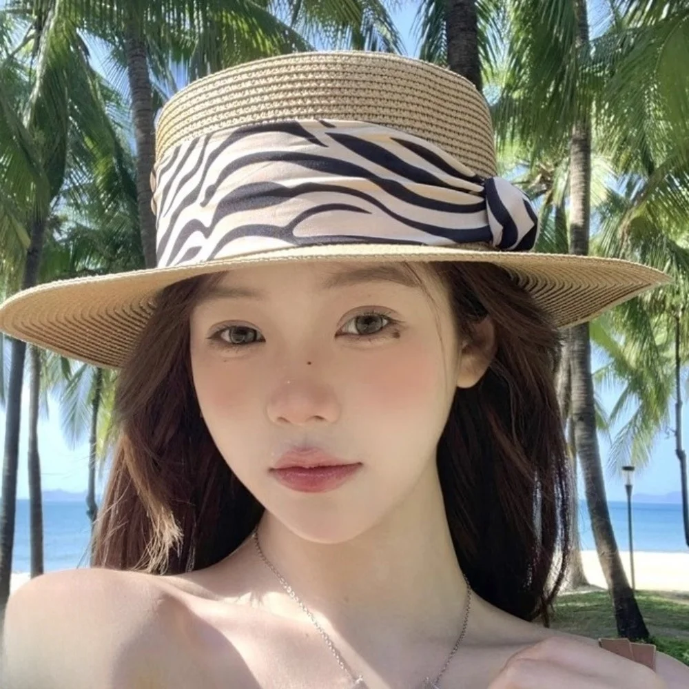 with Leopard Print Belt Straw Woven Hat Wide Brim Flat Top Sunscreen Bucket Hat Korean Style Sunshade Women's Sun Hat Ladies