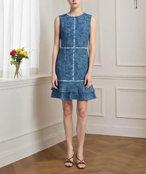 

Round Neck Flower Print Contrasting Splicing Sleeveless Denim Dress, Summer New Fashionable Pleated Hem A-Line Sleeveless Dress