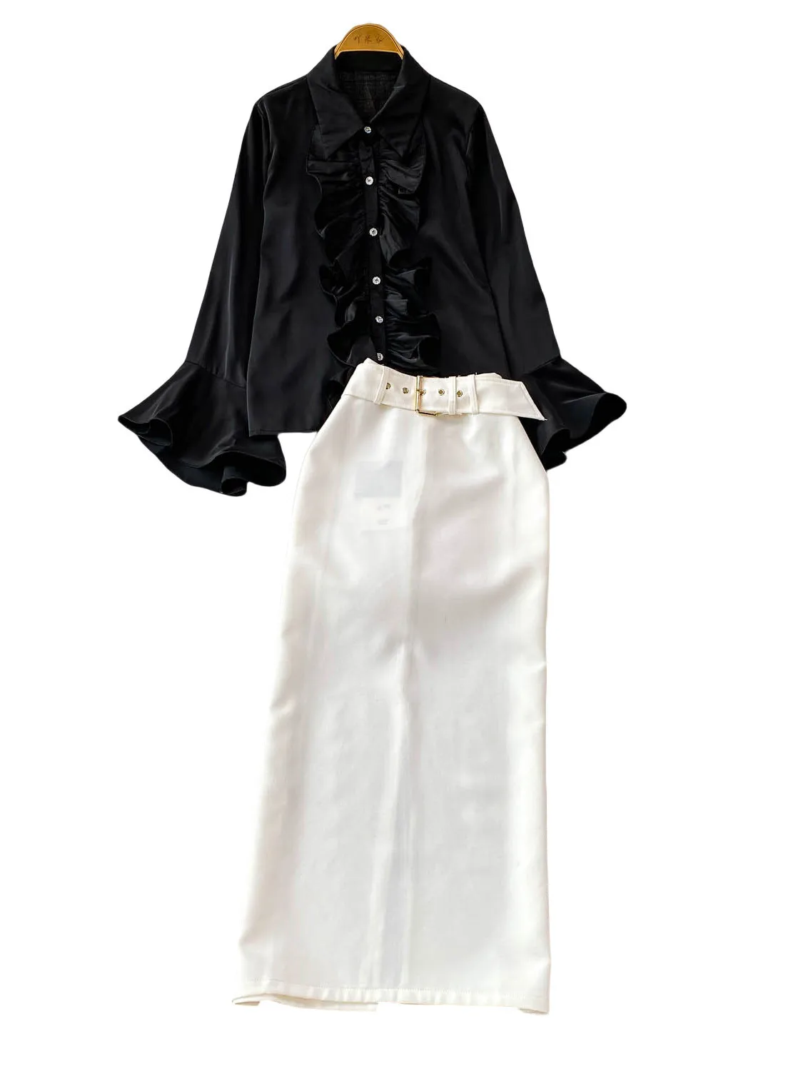 

Ele Women's irt Svel Satin Blouse with Flared Sves Collar Anti-Wrinkle Autumn Faion Top And Skirt Set