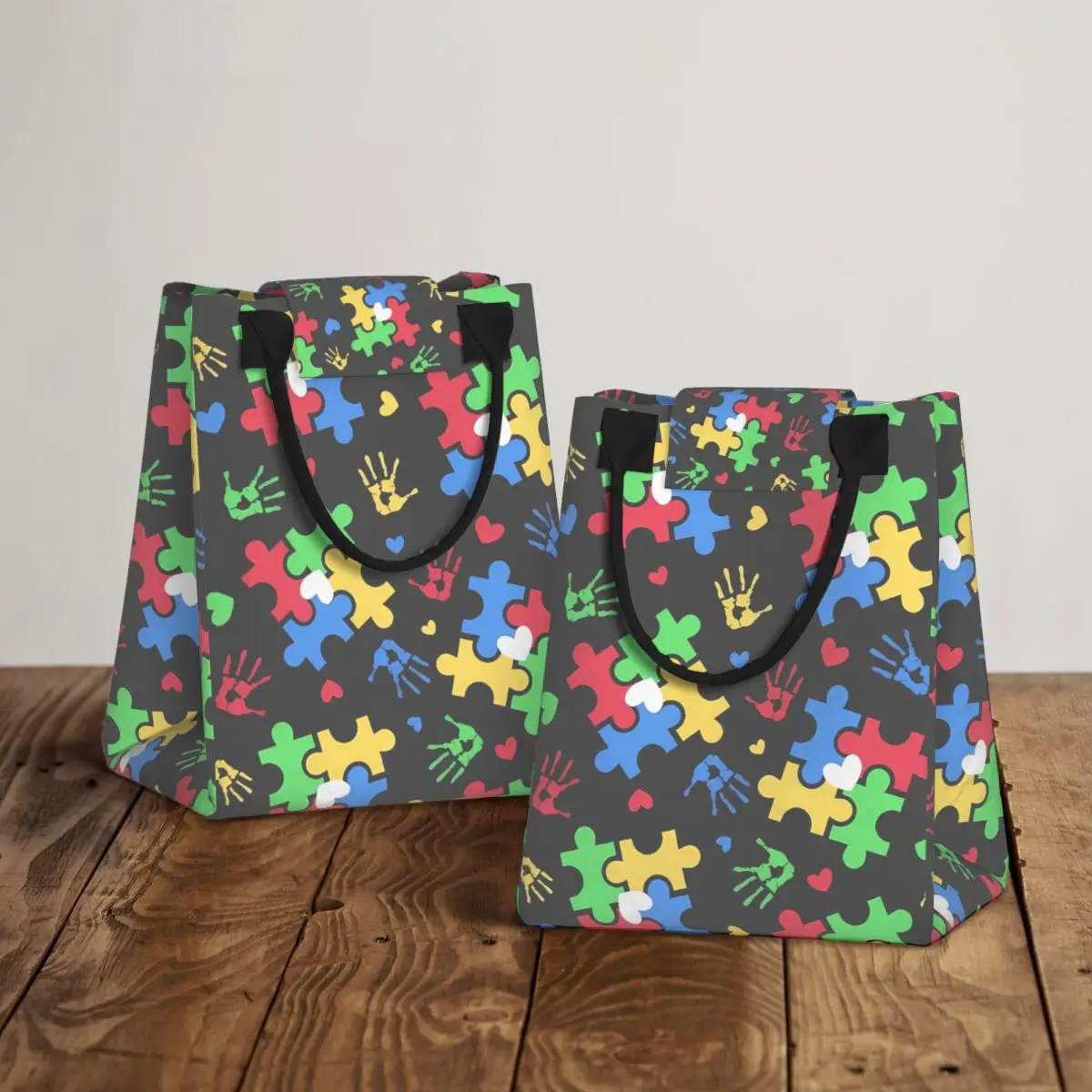 Autism Awareness Colorful Puzzle Piece Lunch Bag Food Pouch Storage Organizer Outdoor Travel Picnic Paper Bag Thermal Bag