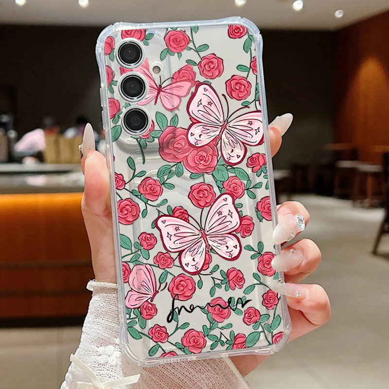 Flower Butterfly Pattern Clear Phone Case For Samsung Galaxy S26 S25 S24 S23 Ultra S22 Plus S25Edge S24 FE Card Bag Wallet Cover