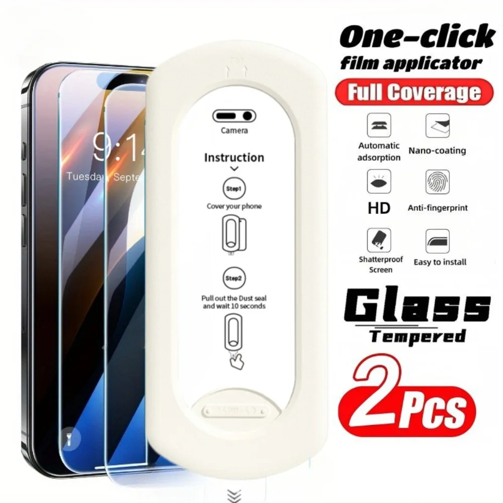 

2Pcs Ultra HD Screen Protector for iPhone 16 15 14 Pro Max 14 15 Plus 13 11 12 Pro XR XS Max One Click Dust Free Tempered Glass