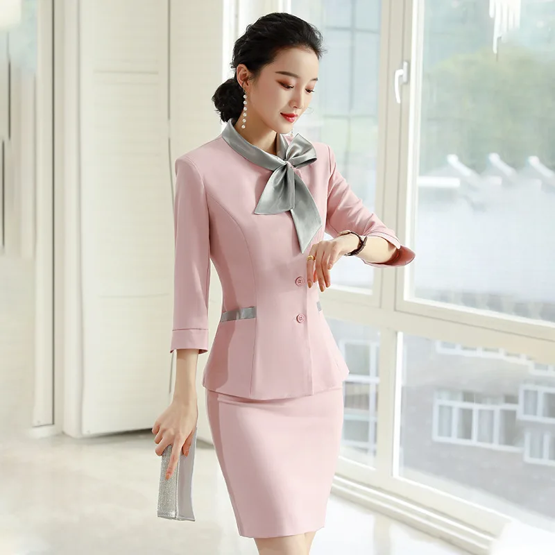 

Pink Suit Business Wear Women's Suit Spring, Autumn and Winter Fashion Stewardess Uniform Beauty Academy Formal Wear Front Stage