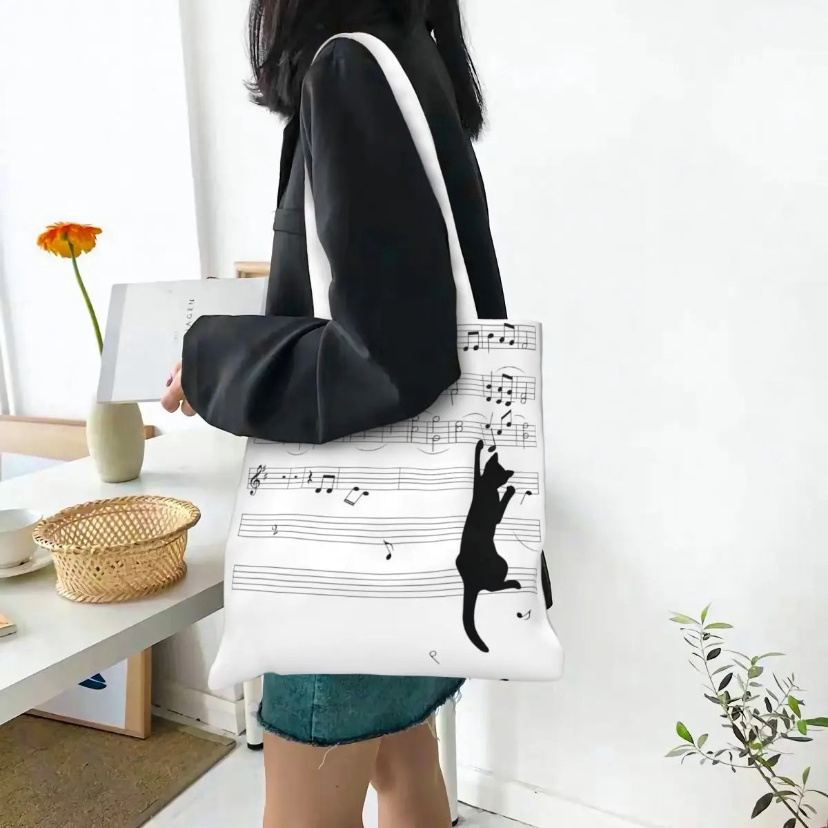 Mischief Musical Symbols Cats Canvas Tote Bag Reusable Large Capacity Fashion Bags for Women Men