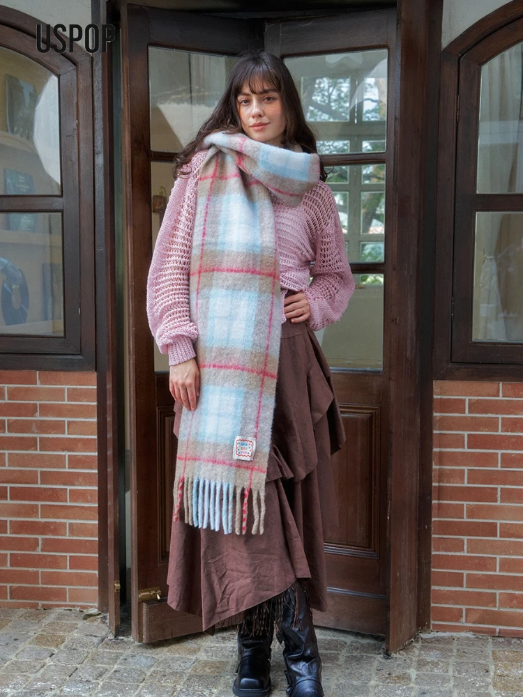 

Женский шерстяной клетчатый шарф USPOP — мягкая теплая зимняя накидка, элегантная уютная шаль в клетку с нежной текстурой