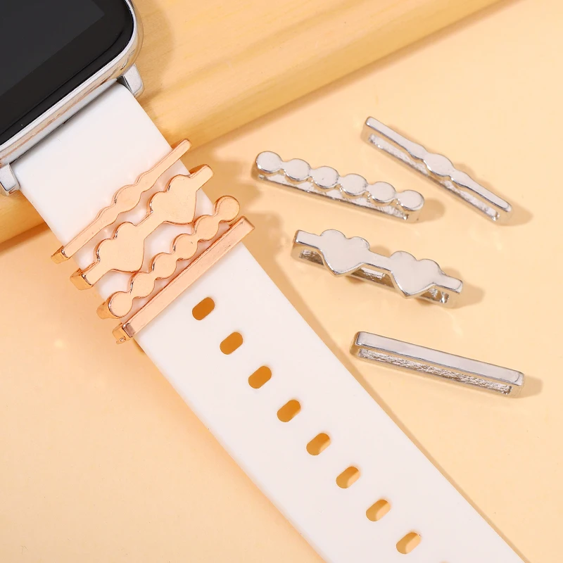 Watchband Charms for Silicone Strap Metal Round Heart Ring Set Decorative Charms for Apple Watch Strap Bracelet Jewelry Charm