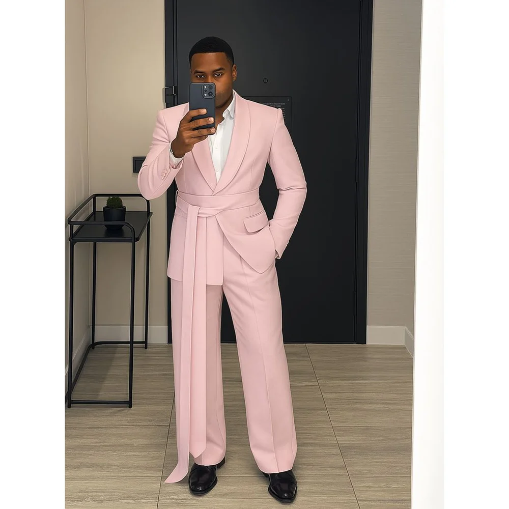 

Pink Men's Suit Chic Outfits 2 Pieces Jacket Pants Boutique Male Blazer Set Banquet Custom Luxury Tuxedo