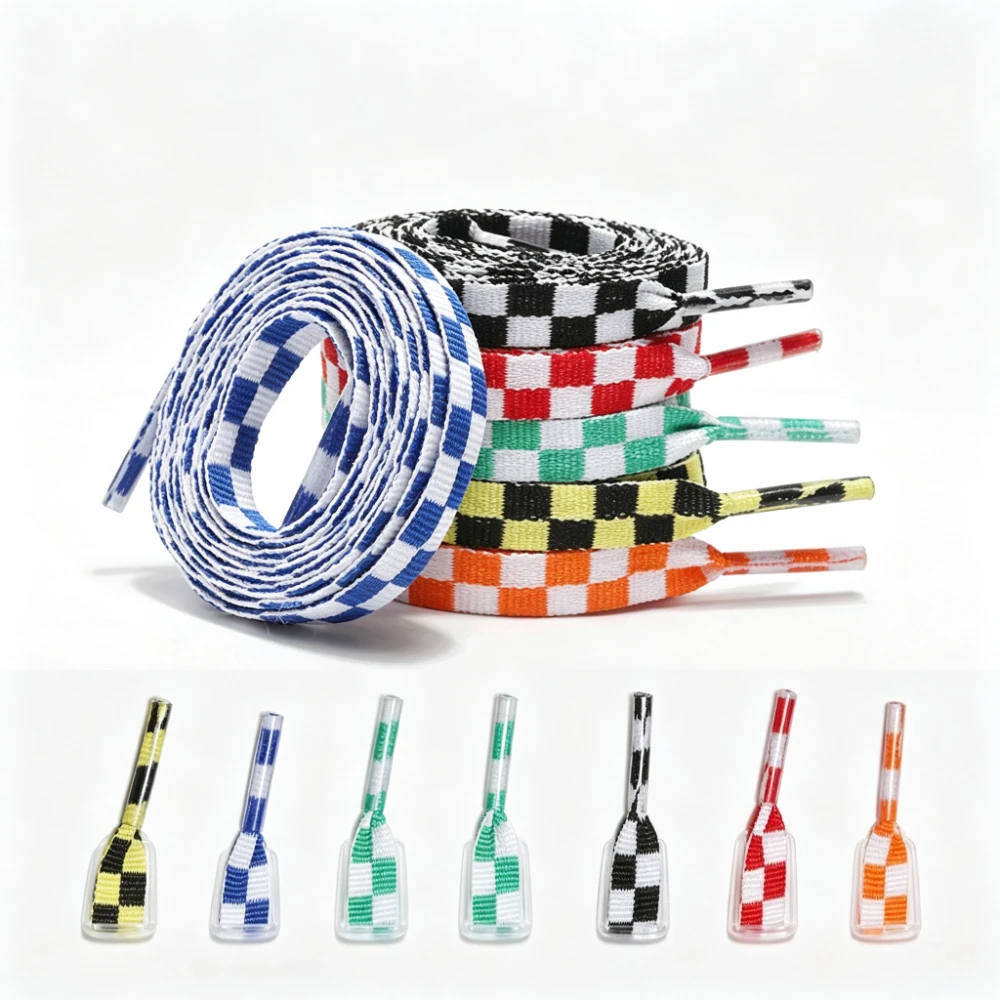 8mm Wide Dual-Color Grid Flat Shoelaces 1 / 2 Pair, Creative Replacement Laces for Skate Shoes & High Top Sneakers