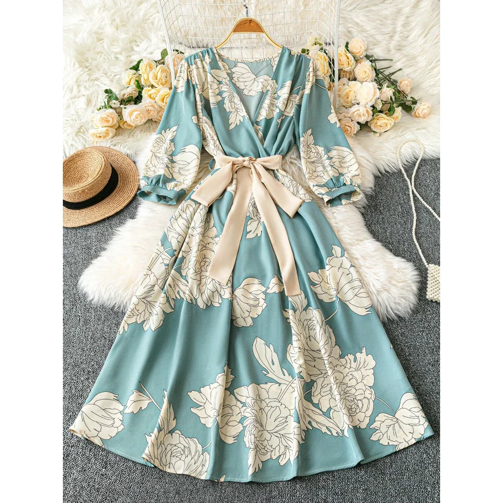 Vestido Floral Estampado de Línea A para Otoño y Primavera, Vestidos Casuales de Talla Grande para Mujer, Vestidos de Gasa Sueltos Vintage con Cuello en V para Mujer, 4XL
