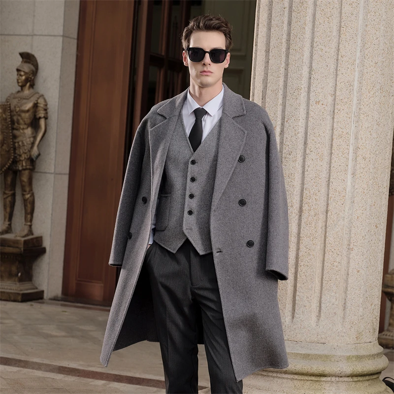 Men's 100% merino wool coat casual solid color coat loose lapel double-breasted double-sided wool coat long pocket