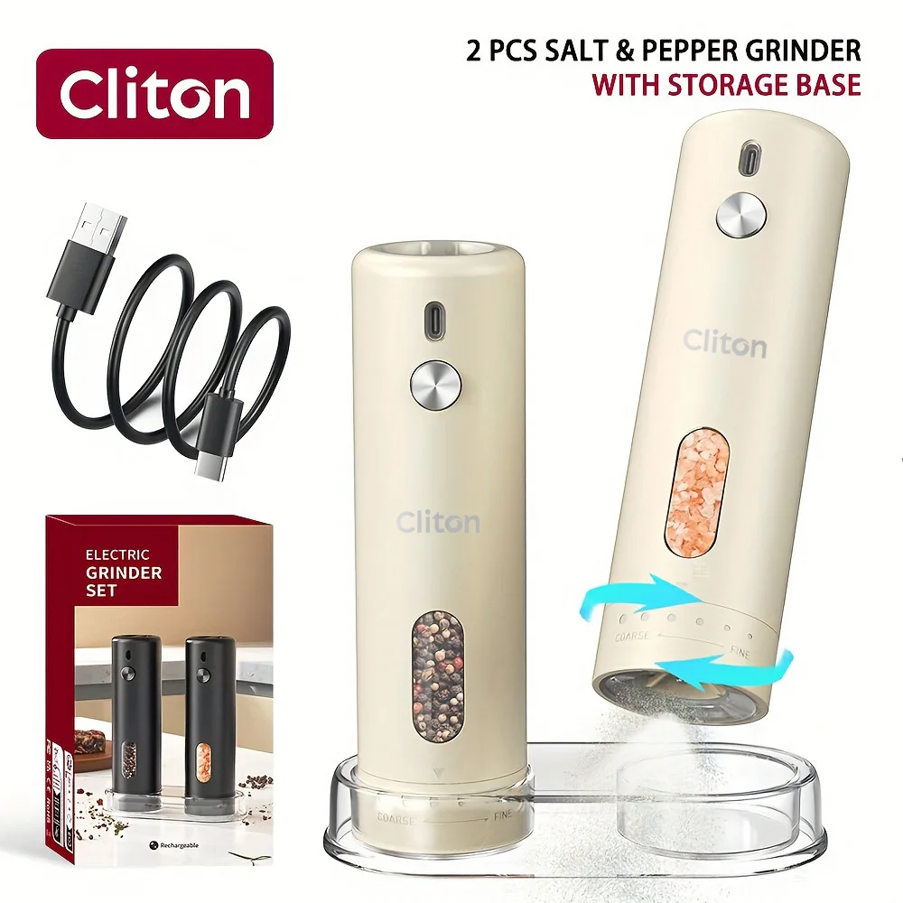 Cliton External Adjustment Rechargeable Electric Salt and Pepper Grinder Set Automatic Pepper Mills with 110ml Container