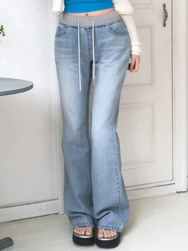 

Spring Summer New Comfortable Casual High Waist Denim Jeans Elastic Waist Thread Head Loose Fit Long Pants Blue Cotton Jeans