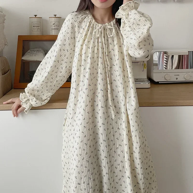 

Korean 100% Cotton Women Dress Floral Casual Long-Sleeved Bandage Tie Up Oversized Loose Soft Comfortable Home Clothes Outside
