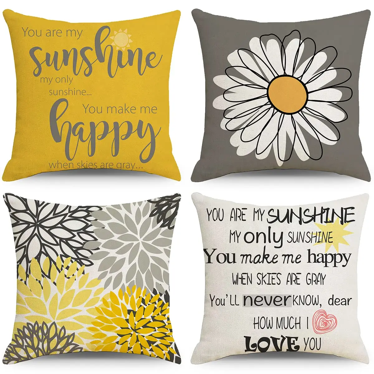 

Decorative Daisy Flower Pillow Case, Summer Pillow Covers Set of 4,Yellow and Grey Sunshine, Sofa Couch, Farmhouse Home Decor