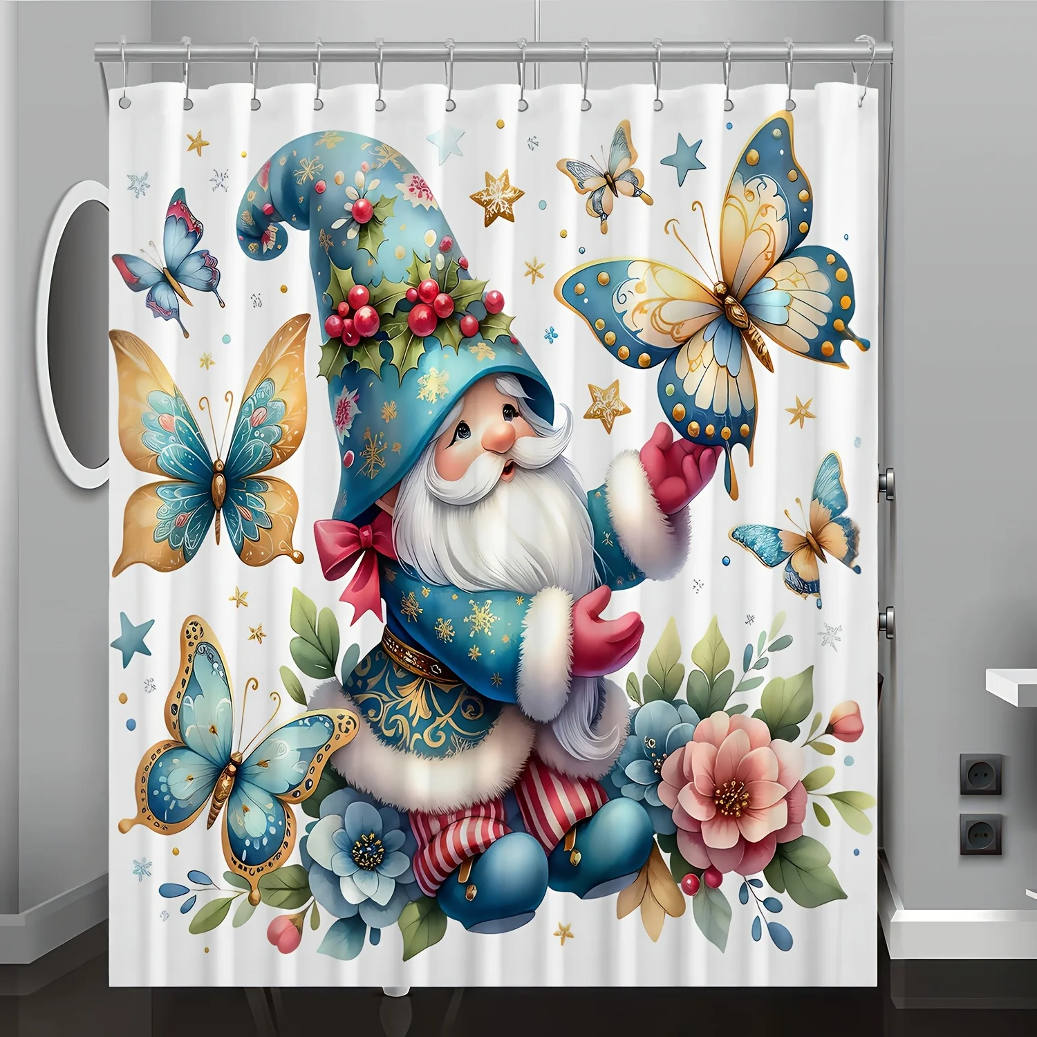 

1pc Dwarf and Butterfly Cartoon Pattern Digital Print Shower Curtain, Bathroom Decoration Home Decor, Free Hook Included, Machin