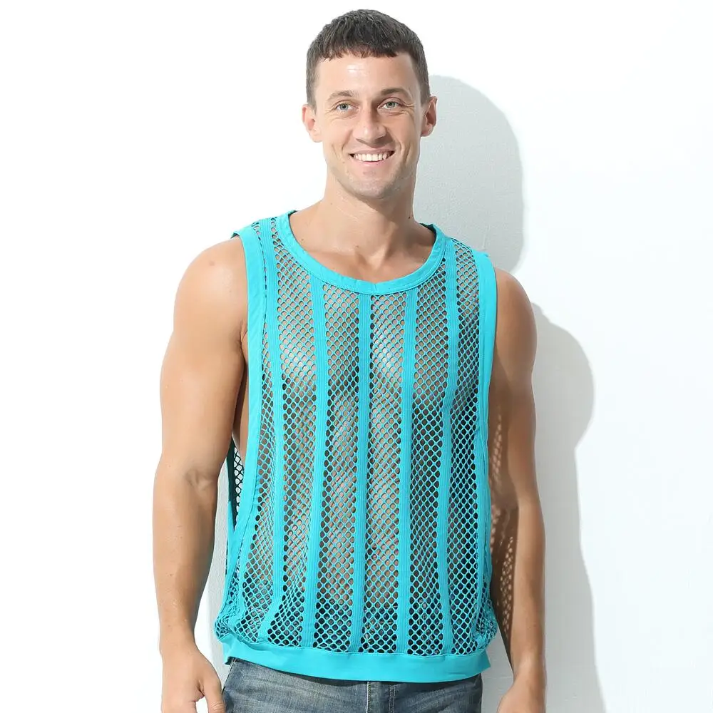 Mens Undershirts Vest Mesh See Through Underwear Sleeveless T Shirt Sexy Singlets Fitness Transparent Tank Tops Gym Clothing