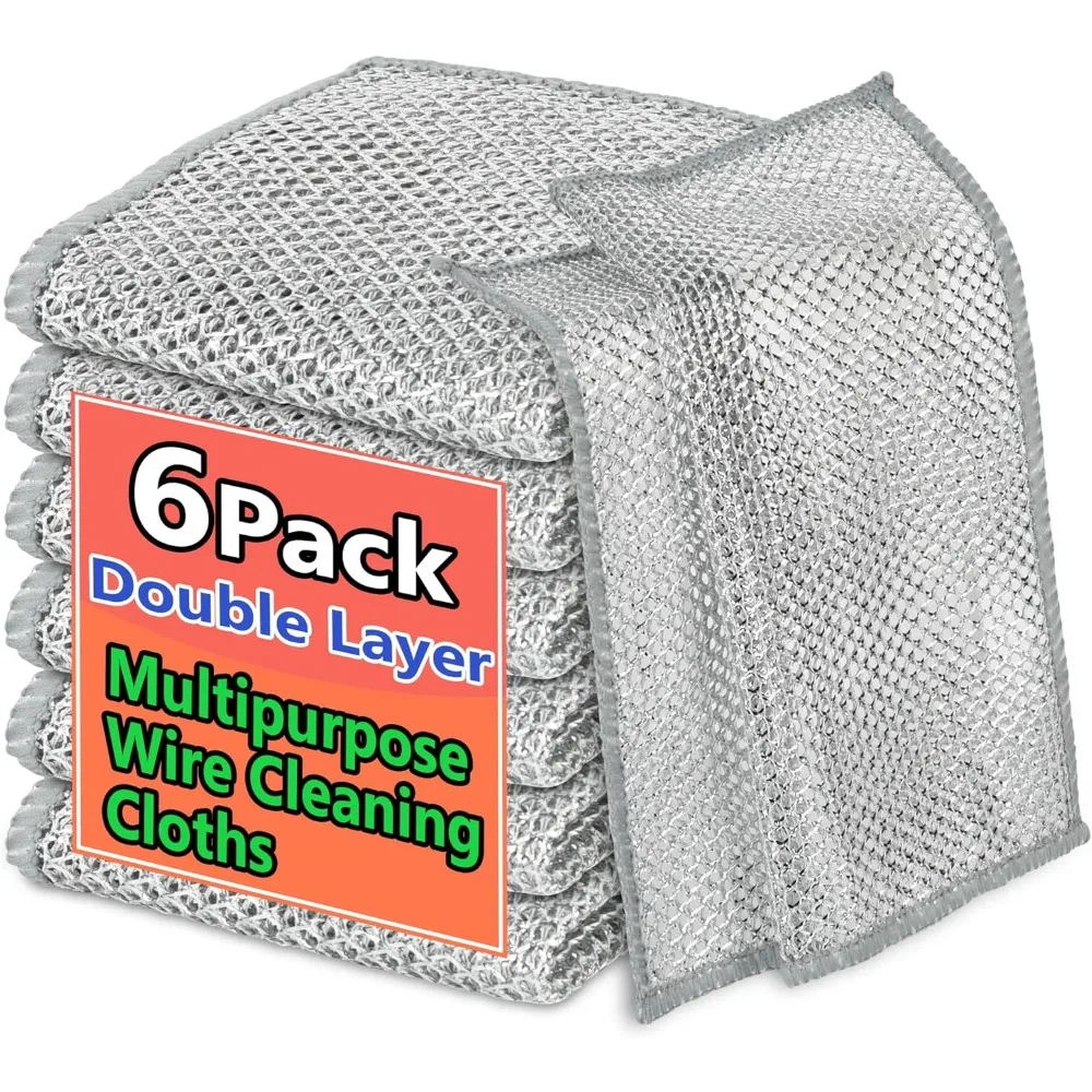 

6 Pack Double Layer Non Scratch Wire Dish Cloths for Kitchen Home Multipurpose Cleaning