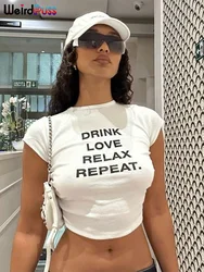 Weird Puss Letter Print Y2K T-Shirt Women Shorts Sleeve Black Shirring Crop Tops Chic Hot Hot Girl Wild Streetwear Basic Tees