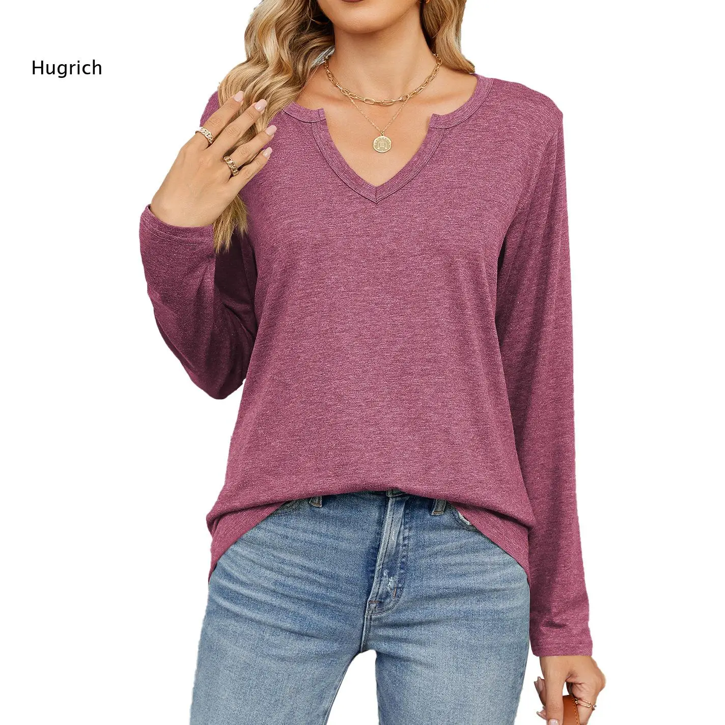Ladies Heather Blue Notched V Neck Long Sleeve Top Soft Loose Fit Daily Casual Basic Shirts