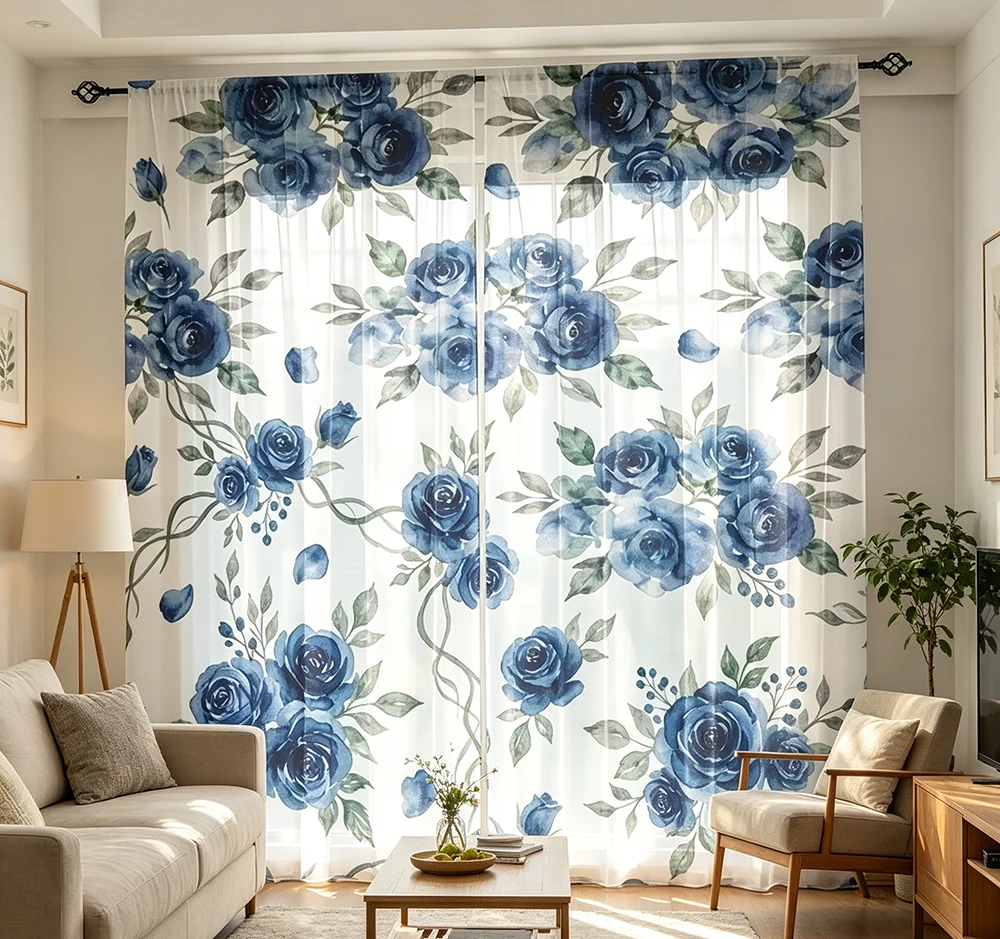 2PCS Digital Printed Sheer Curtain, Watercolor Blue Rose Flower, Painterly Floral Romance for Living Room Bedroom Home Decor