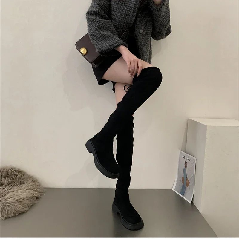 Stretch Women Over the Knee High Boots Fashion Round Toe Shoes Autumn Winter Thick Heel Ladies Morder Long Booties