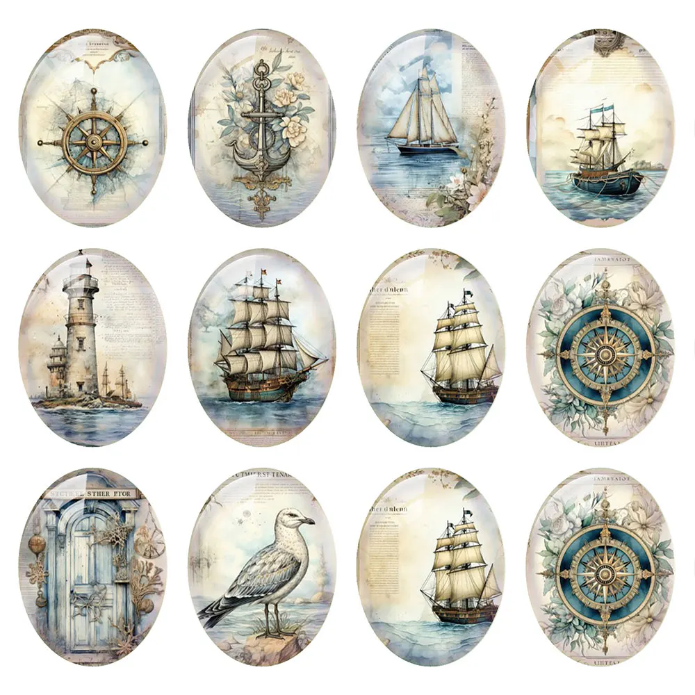 Random Mixed Round/Oval/Square Vintage Nautical Sailboat Sea Photo Glass Cabochon Flatback Demo Cameo For Diy Jewelry Making