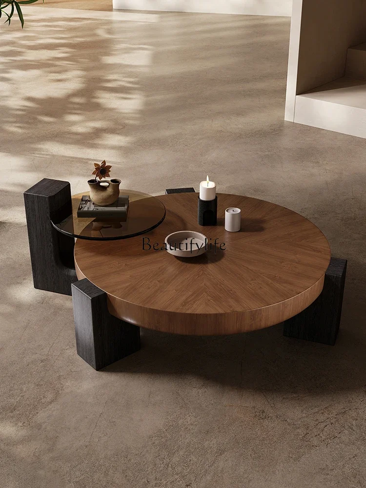 Light luxury modern minimalist antique walnut pattern round coffee table combination