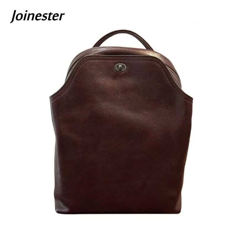 

First Layer Cowhide Leather Backpack with Lock Water Proof Pure Color Soft Fashion Travel Bag Neutral Schoolbag