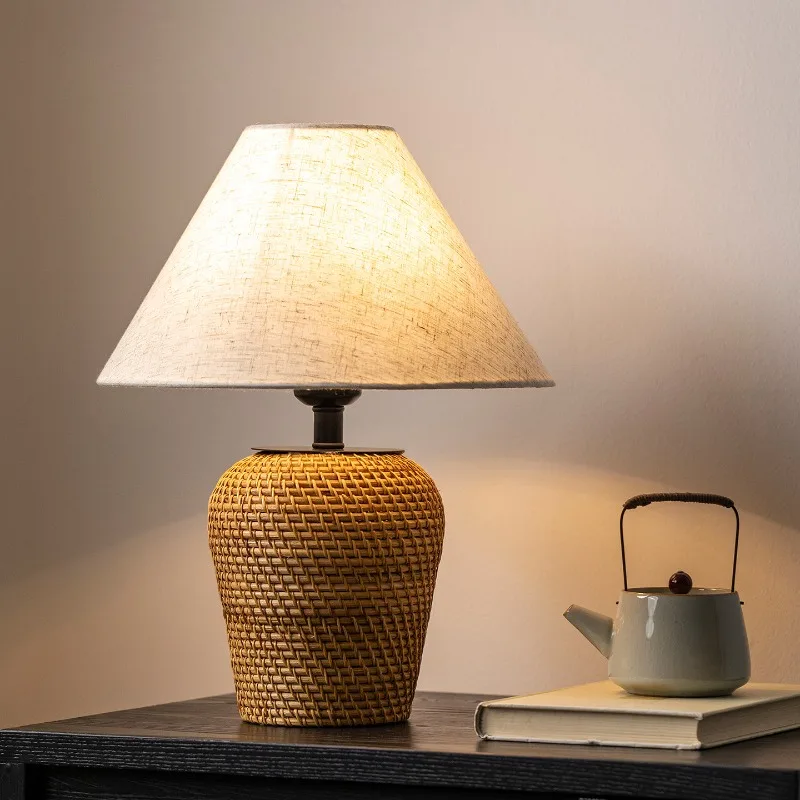 Japanese Wabi-Sabi Retro Rattan Weaving Table Lamps LED E27 Minimalist Zen Art Desk Lights Homestay Living Room Bedroom Bedside