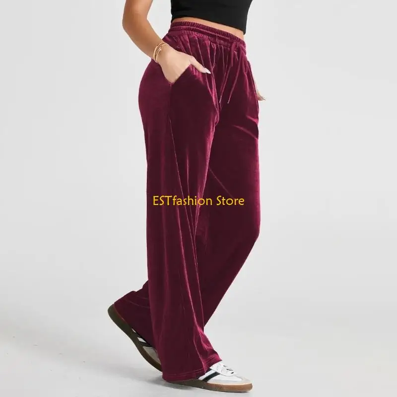 Y5GC Fashionable Womens Wide Leg Trousers with Side Pockets Elastic Waist Pants