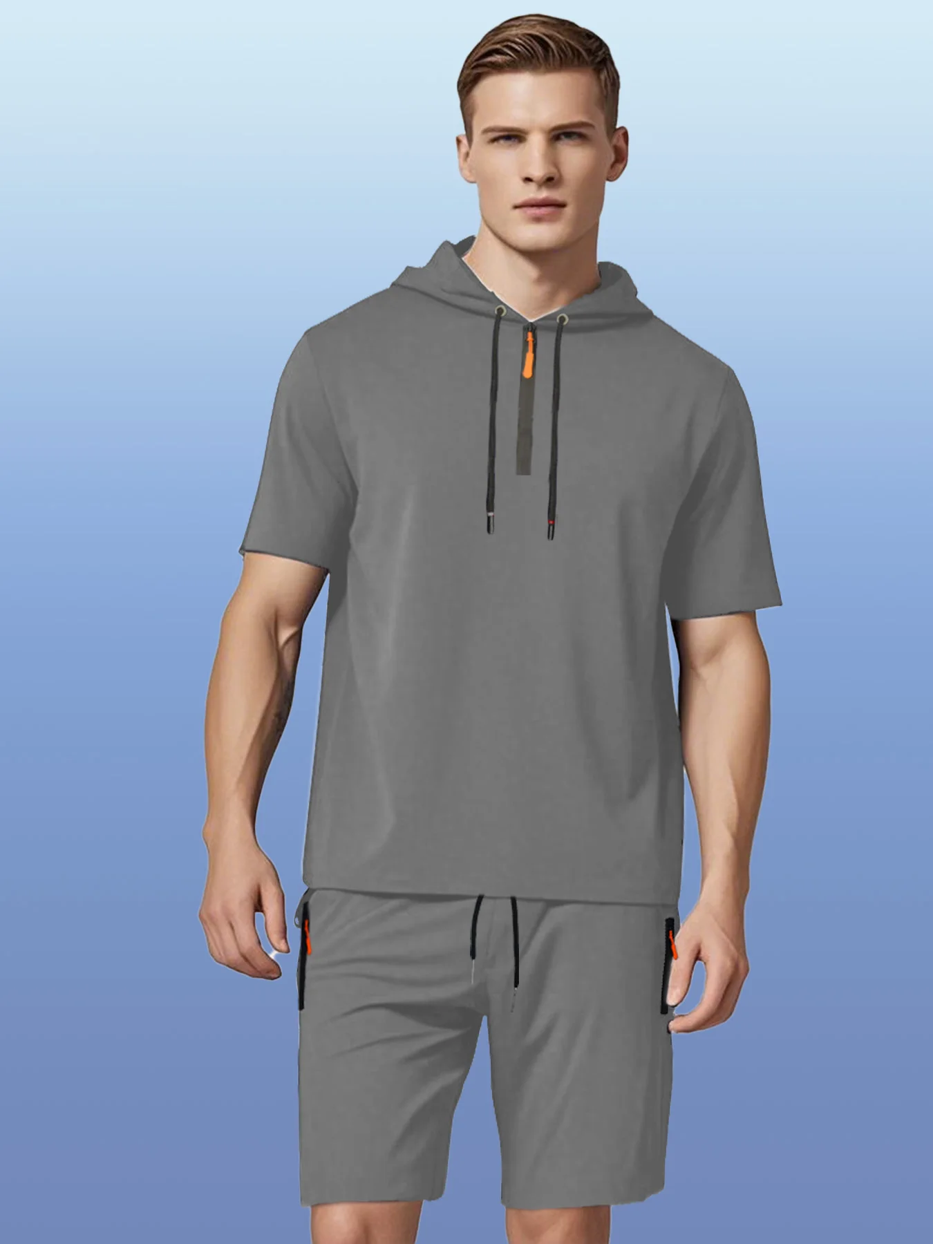 Men's Sets Summer Zip Hooded T-Shirts And Zipper Pockets Shorts High Quality 2025  Two-Piece Loose Oversize Basic clothes Blank