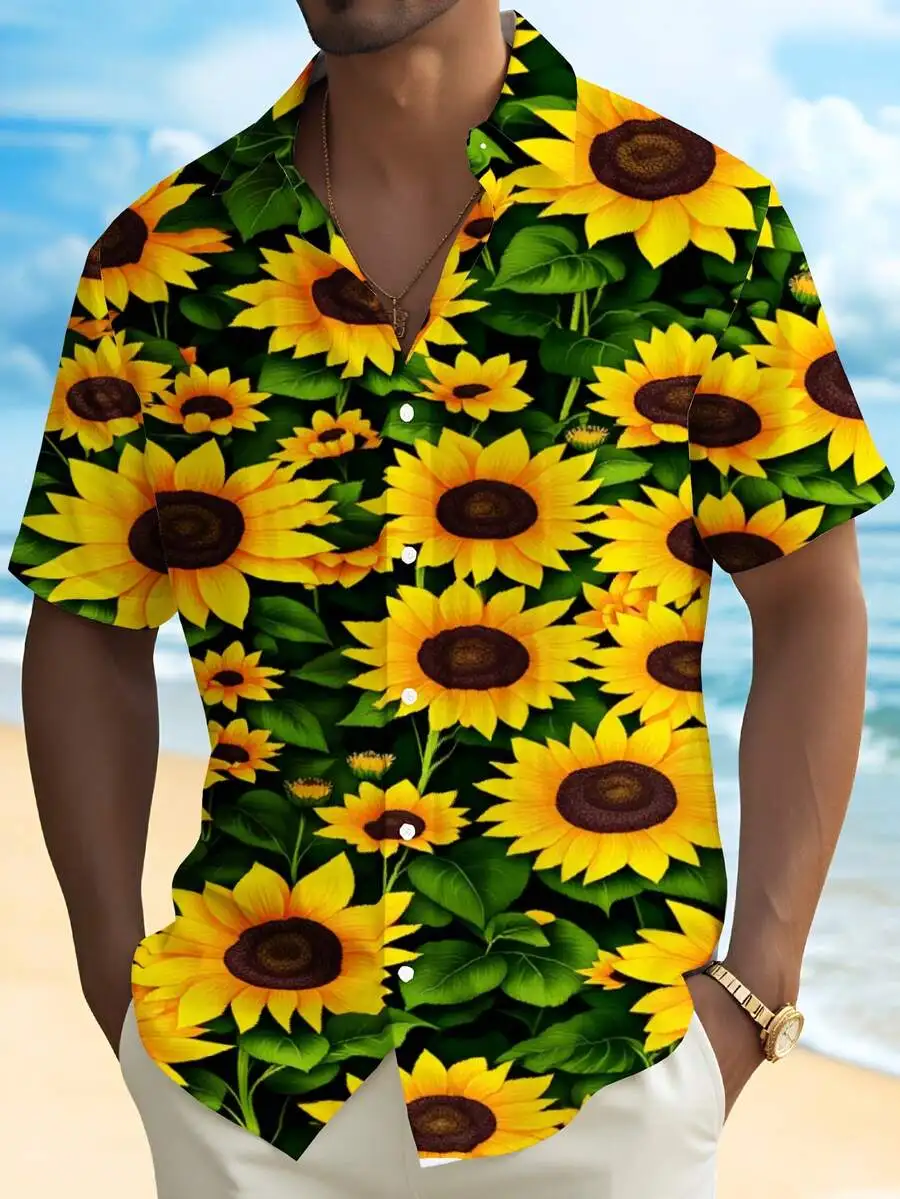 

Mens Short Sleeve Hawaiian Shirt Sunflower Print Casual Beach Vacation Summer