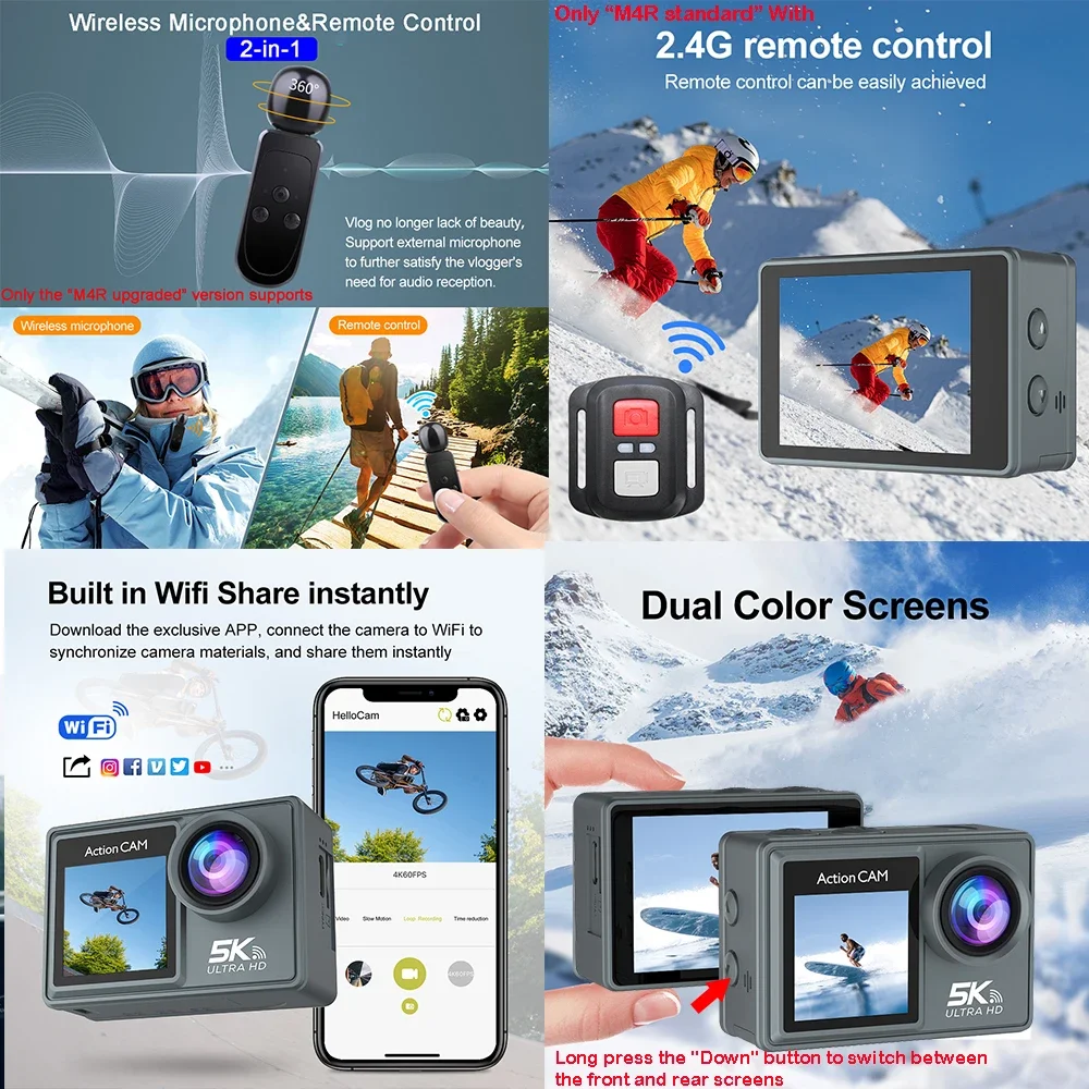 Action Camera F6W Wireless Mic 5K 4K60FPS 48MP 2.2\