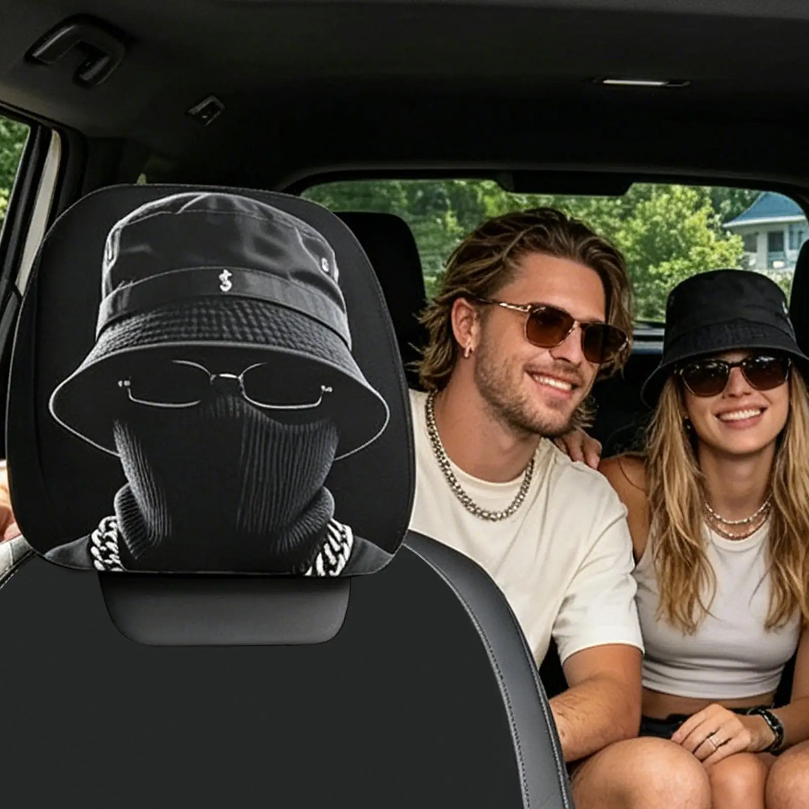 1pc Hip-Hop Masked Black Figure Printed Car Headrest Funny expression car pillowcase elastic printed pillowcase
