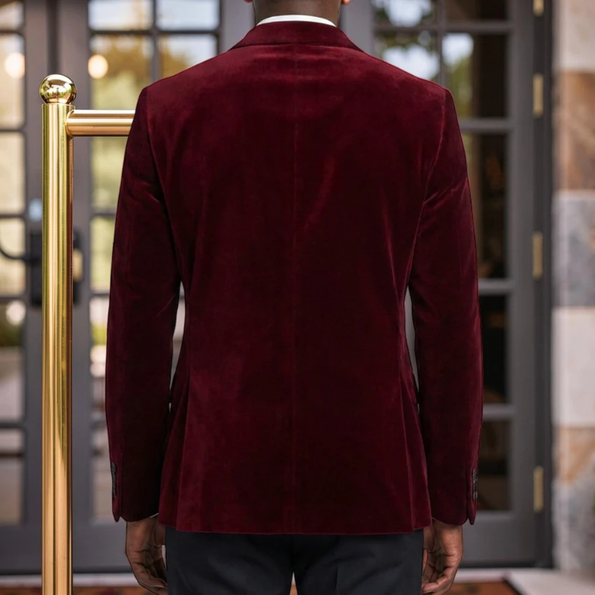 Burgunderroter Samt-Blazer für Herren, Doppelreihig, für Dinner-Partys, Herrenjacke für Abschlussball, 1-teiliger Vintage Smoking-Anzug – Detail 4