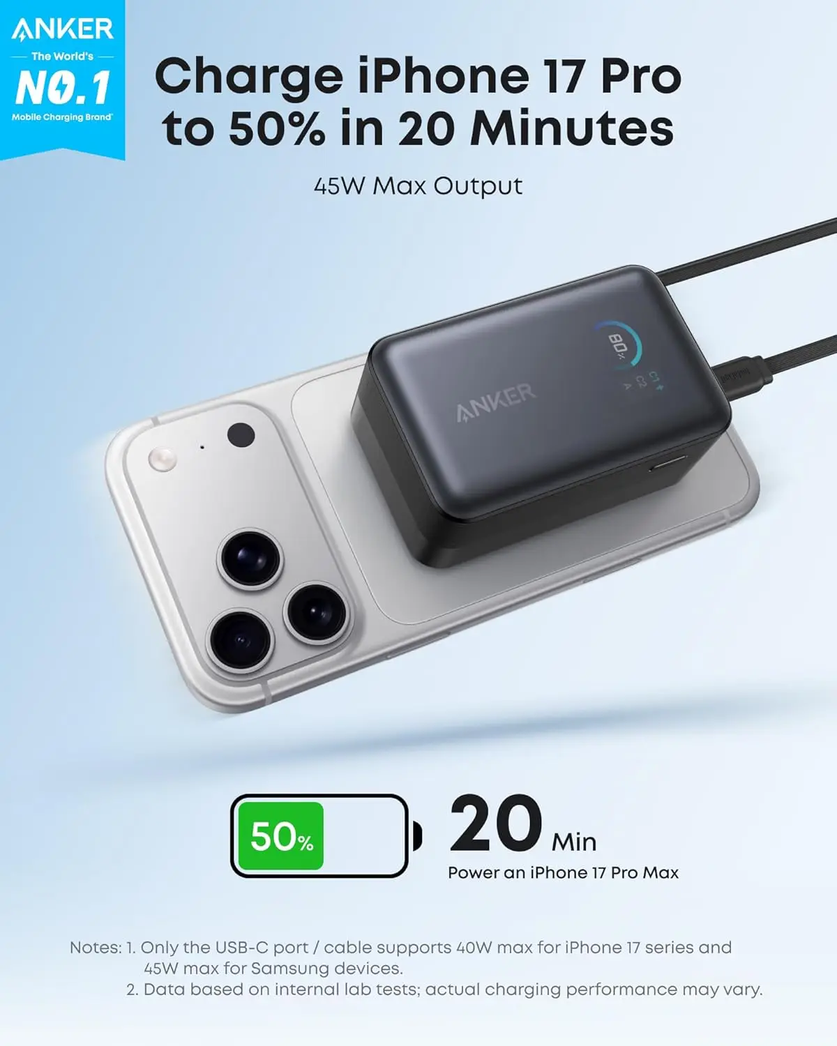 Anker Nano Portable Charger, 10,000mAh 45W Max Compact Power Bank, Travel Essential Phone Battery Pack with 2.3 ft Cable